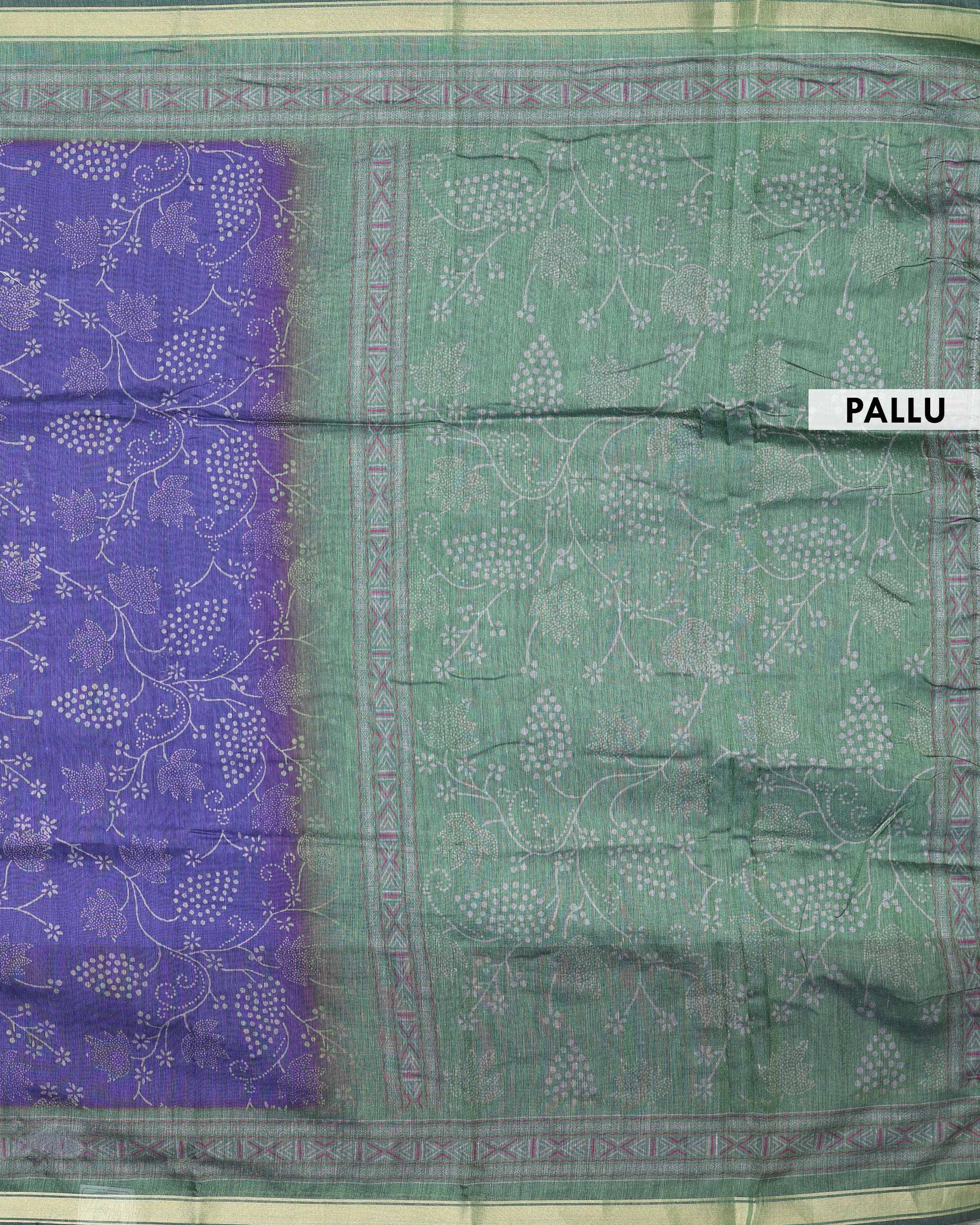 Elegant Semi Chanderi Saree with All-Over Floral Vine Buta Motifs and Intricately Contrast Zari Border  - Green-pallu