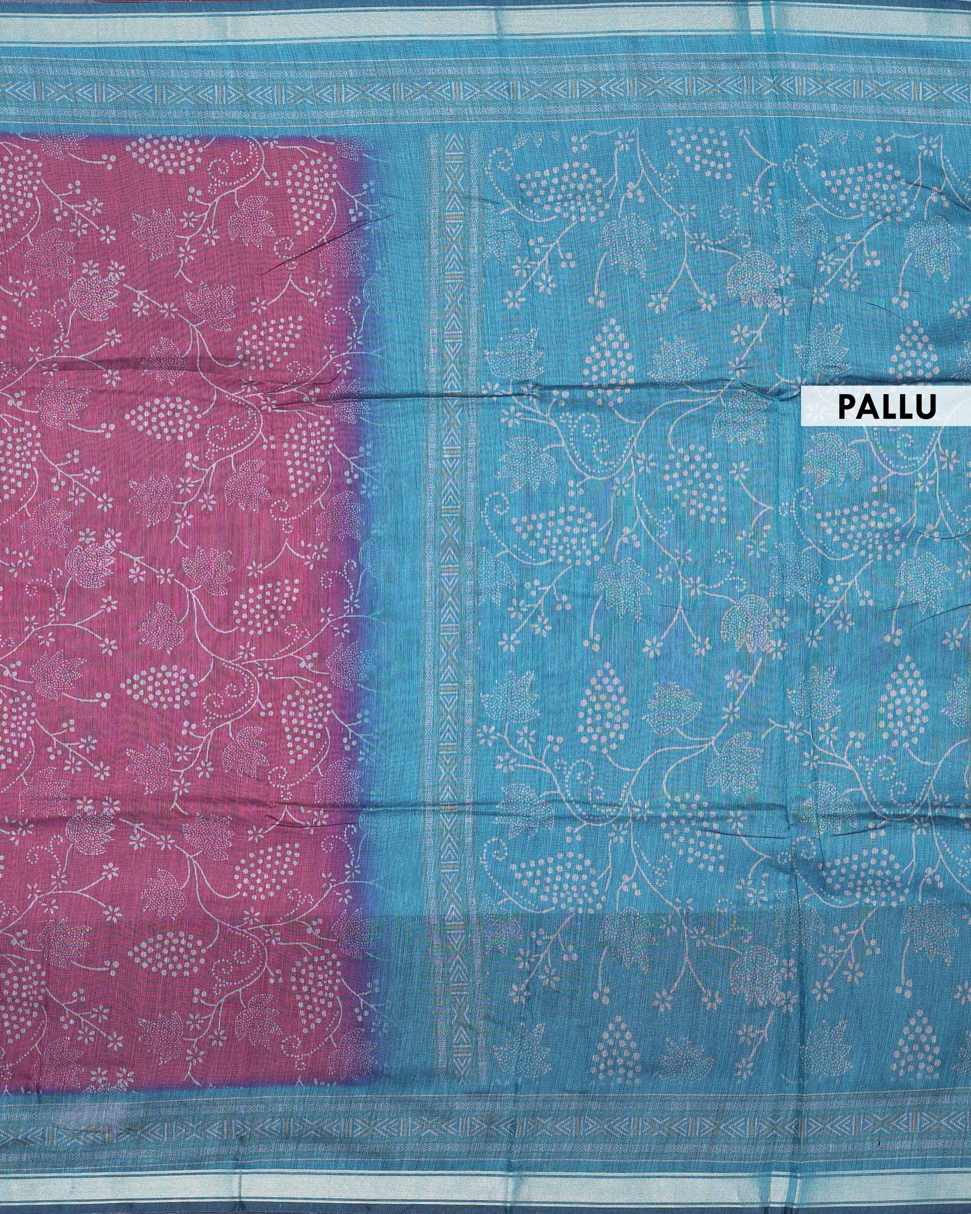 Elegant Semi Chanderi Saree with All-Over Floral Vine Buta Motifs and Intricately Contrast Zari Border  - Pallu