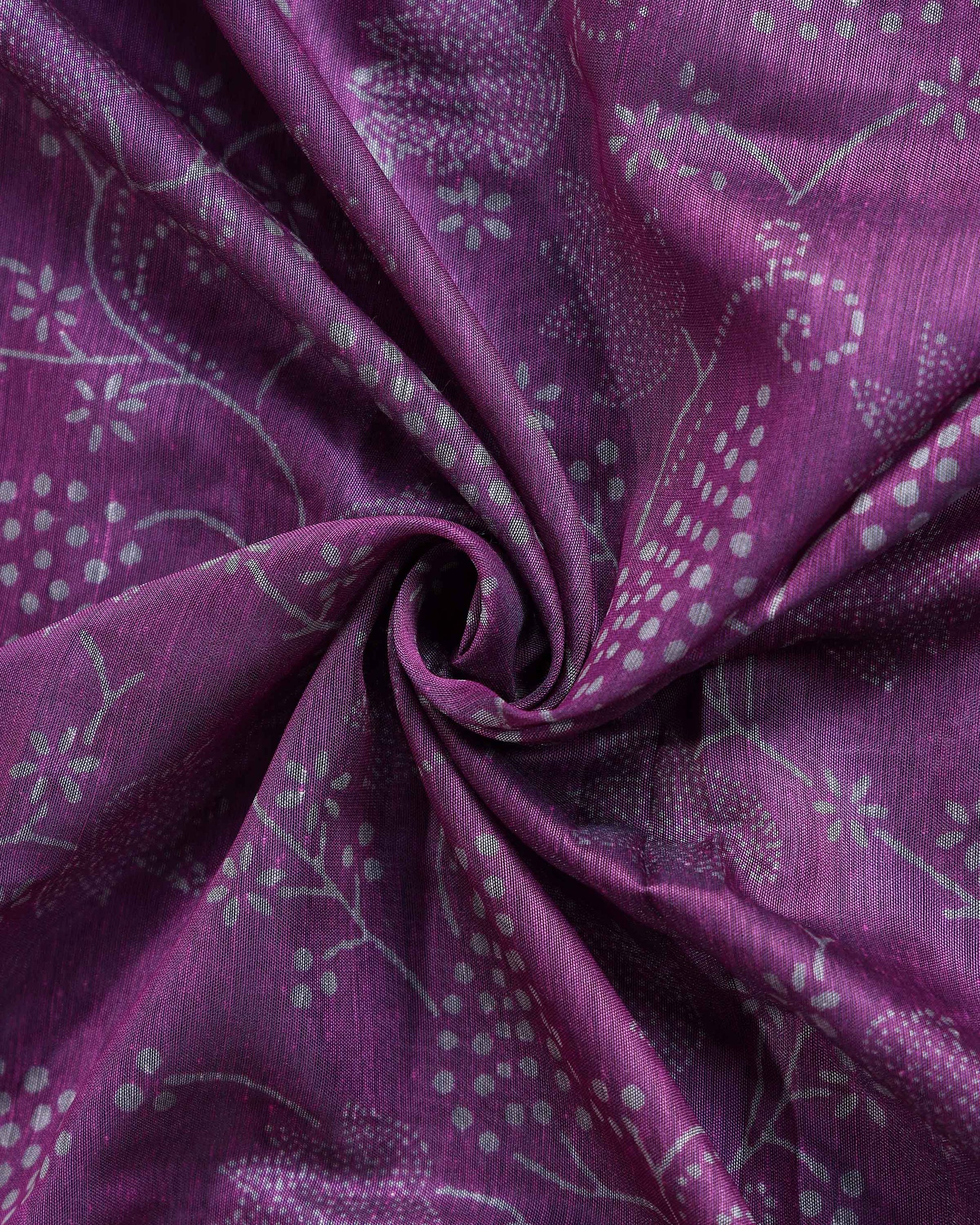 Elegant Semi Chanderi Saree with All-Over Floral Vine Buta Motifs and Intricately Contrast Zari Border  - Purple-Close Up