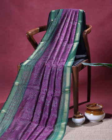 Elegant Semi Chanderi Saree with All-Over Floral Vine Buta Motifs and Intricately Contrast Zari Border  - Purple