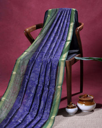 Elegant Semi Chanderi Saree with All-Over Floral Vine Buta Motifs and Intricately Contrast Zari Border  - Royal Blue