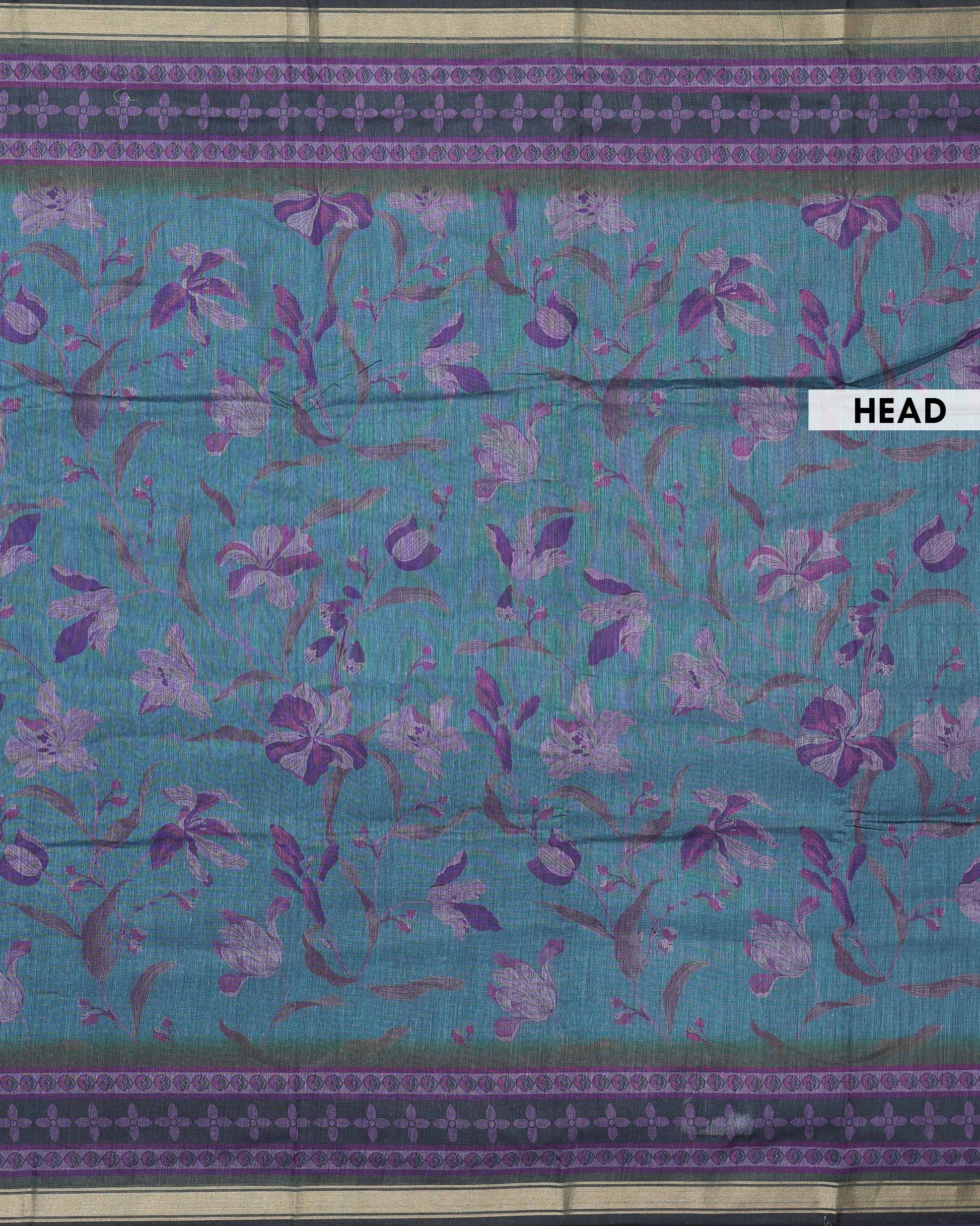 Elegant Semi Chanderi Saree with All-Over Floral Vine Print and Intricate Woven Border - Teal Blue-Head