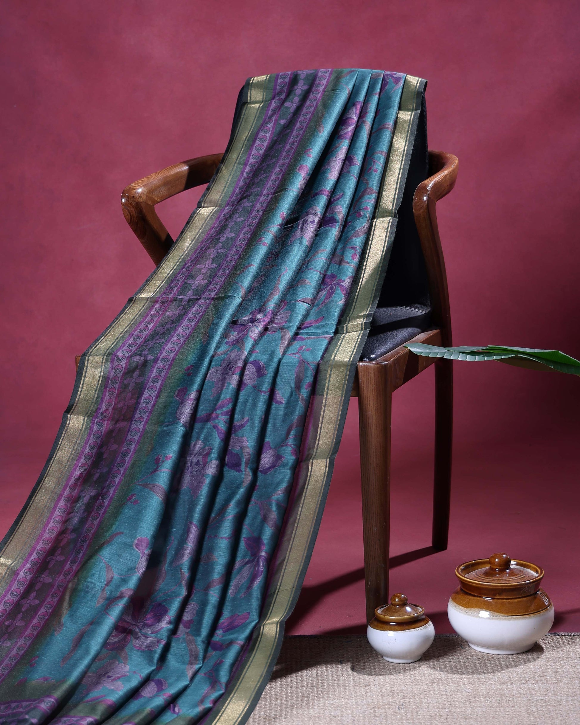 Elegant Semi Chanderi Saree with All-Over Floral Vine Print and Intricate Woven Border - Teal Blue