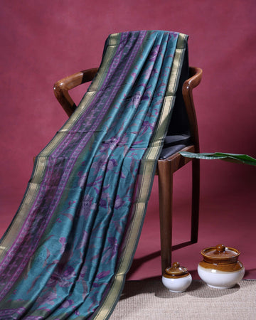 Elegant Semi Chanderi Saree with All-Over Floral Vine Print and Intricate Woven Border - Teal Blue