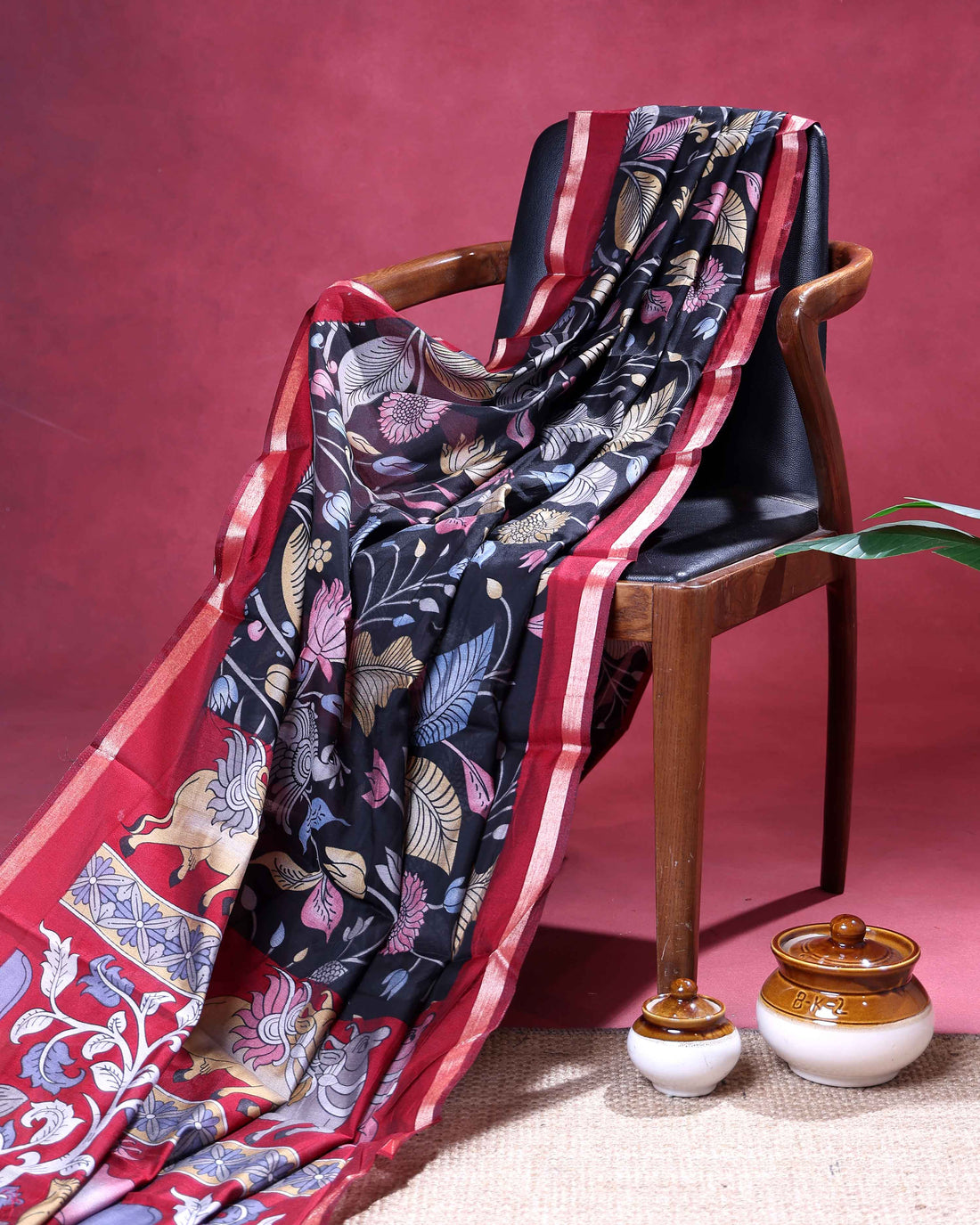 Elegant Semi Chanderi Saree with All Over Floral Vine Print and Graceful Nature Inspired Botanical Motifs with Subtle Woven Border - Black