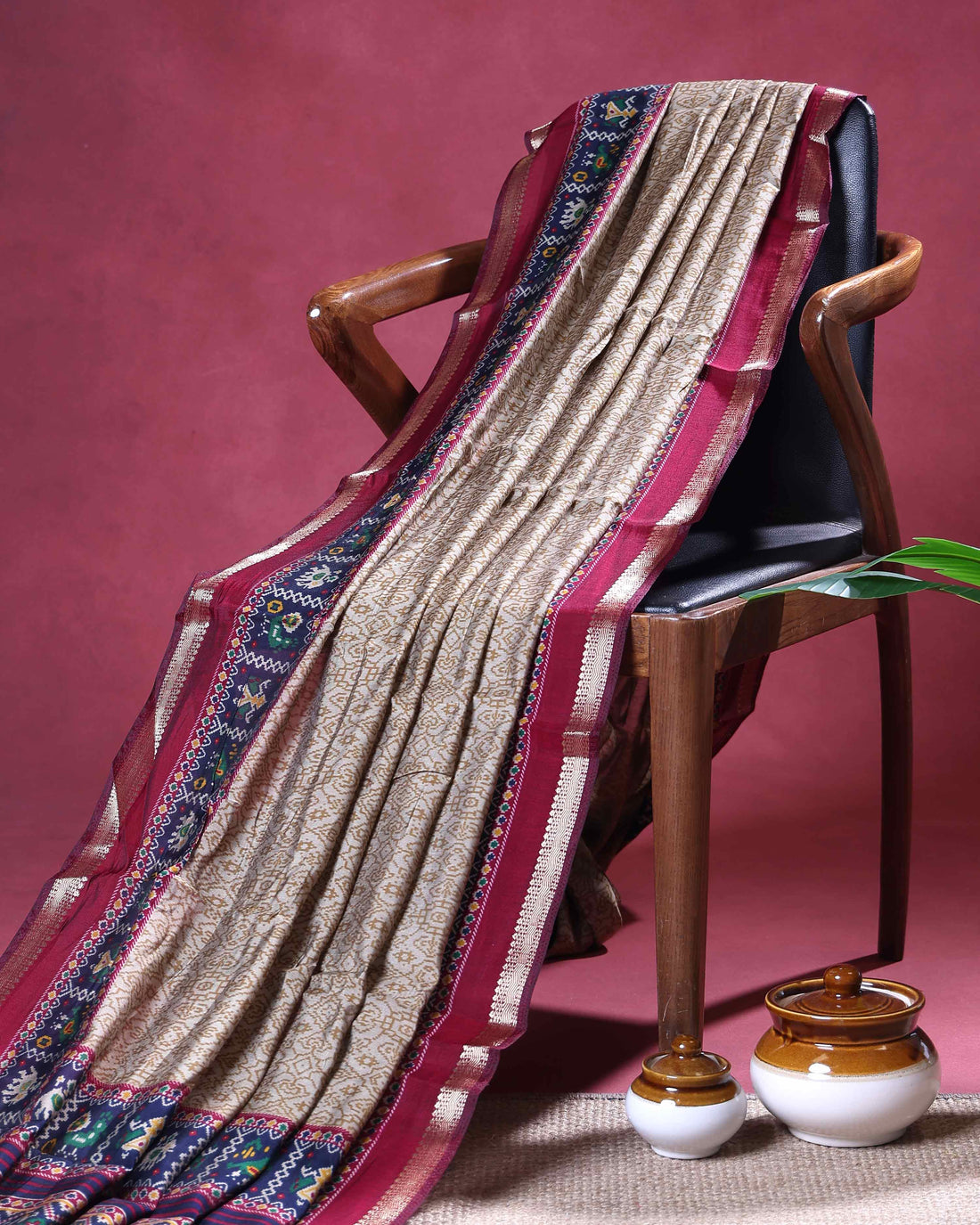 Elegant Semi Chanderi Saree with Ethnic Border and Graceful Pallu – Beige