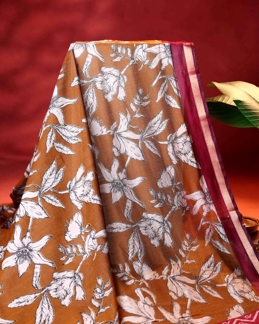 Elegant Semi Chanderi Saree with Exclusive Floral Motifs and Zari Border - Brown