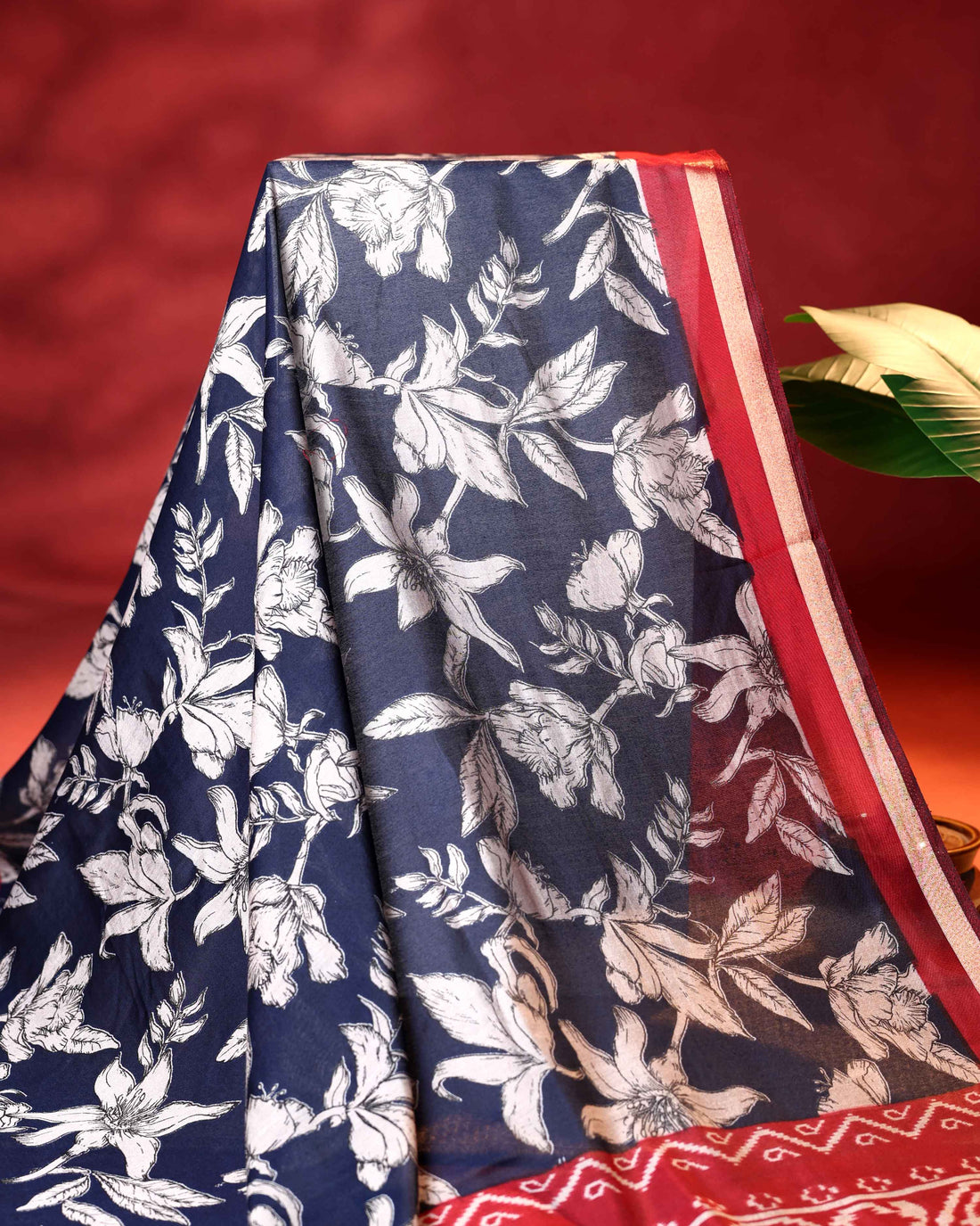 Elegant Semi Chanderi Saree with Exclusive Floral Motifs and Zari Border - Navy Blue