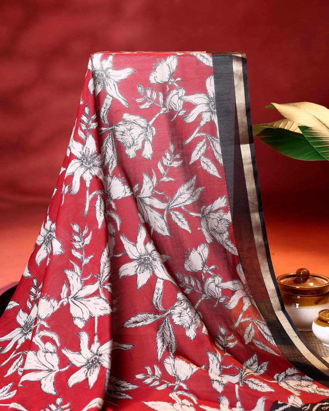 Elegant Semi Chanderi Saree with Exclusive Floral Motifs and Zari Border - Red
