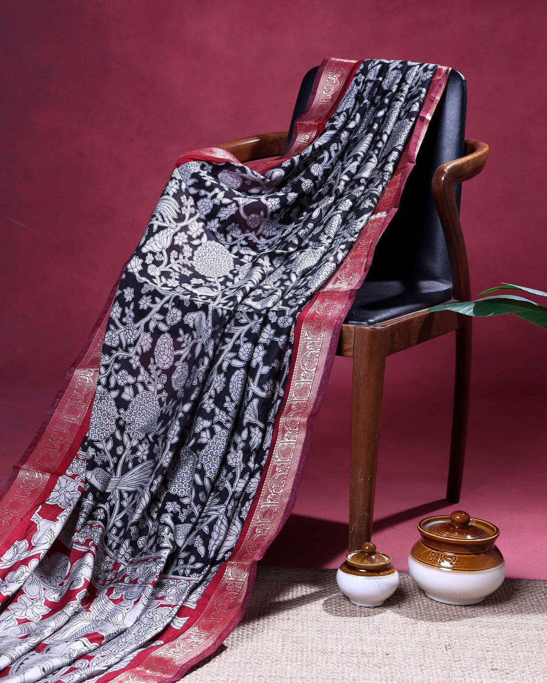 Elegant Semi Chanderi Saree with Floral & Bird Motif Print Design and Traditional Zari Woven Border - Black