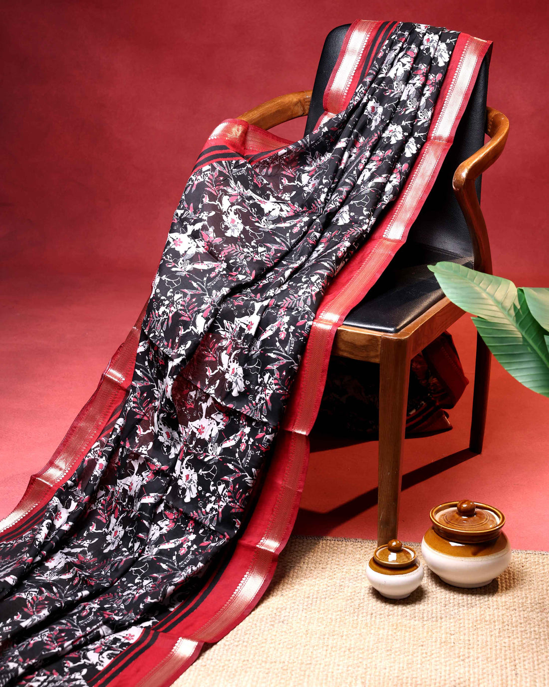 Elegant Semi Chanderi Saree with Floral Inspired Print and Contrast Zari Border - Black