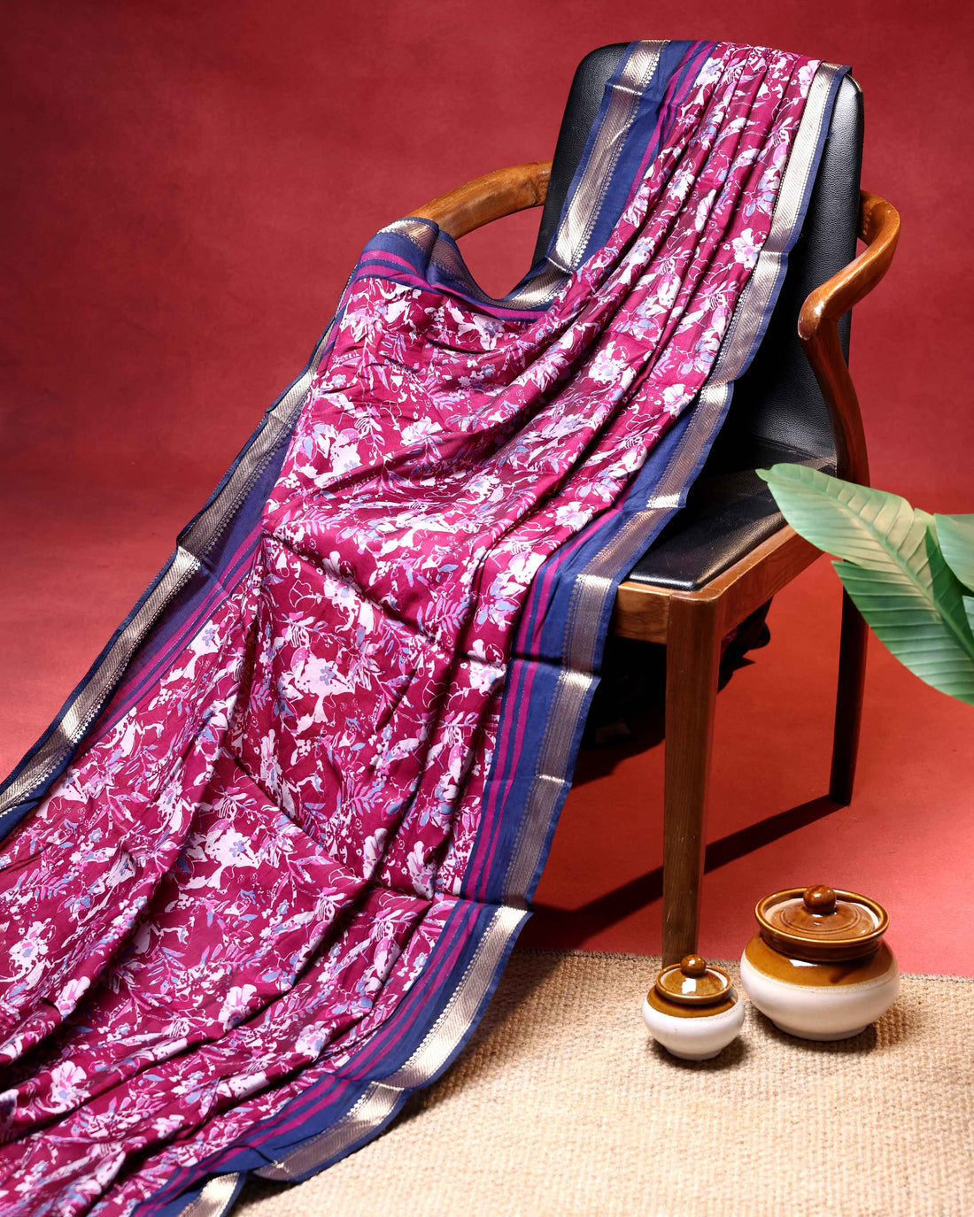 Elegant Semi Chanderi Saree with Floral Inspired Print and Contrast Zari Border - Maroon
