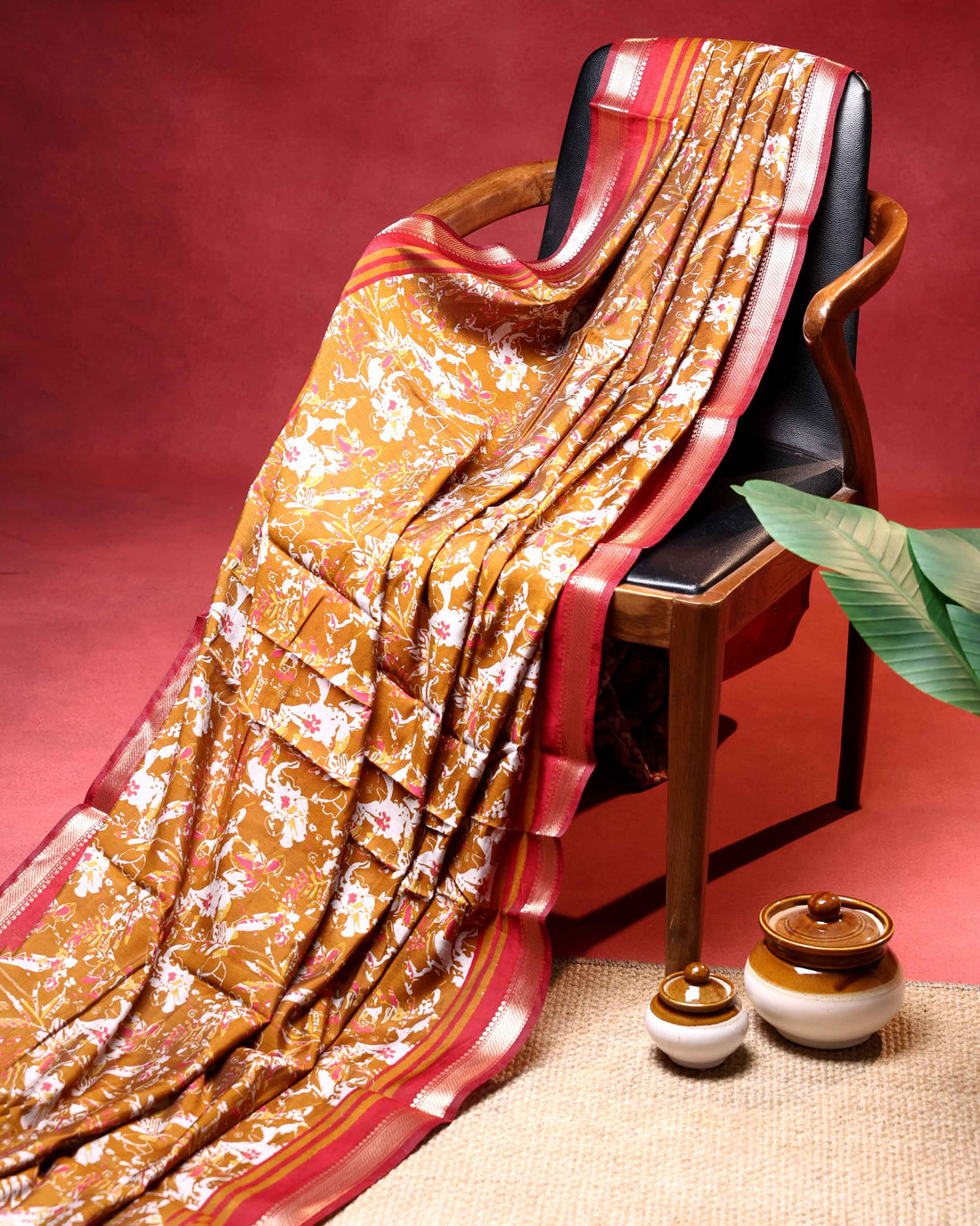 Elegant Semi Chanderi Saree with Floral Inspired Print and Contrast Zari Border - Mustard