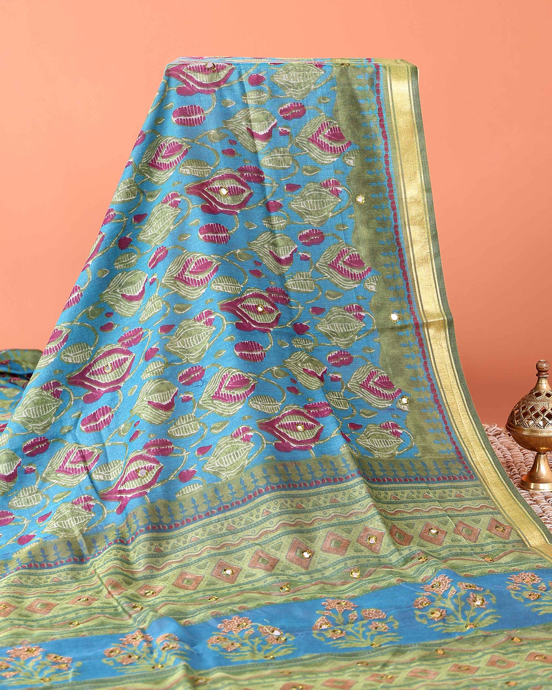 Elegant Semi Chanderi Saree with Floral Inspired Print and Zari Border - Blue