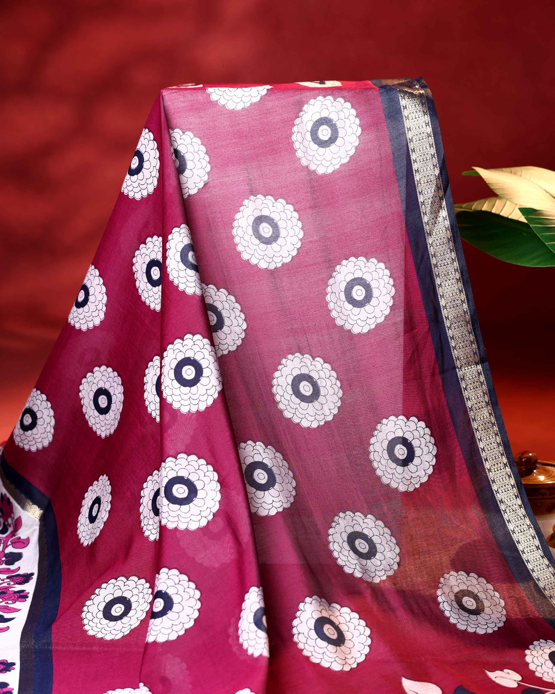 Elegant Semi Chanderi Saree with Floral Motif Print and Contrasting Zari Woven Border - Burgundy