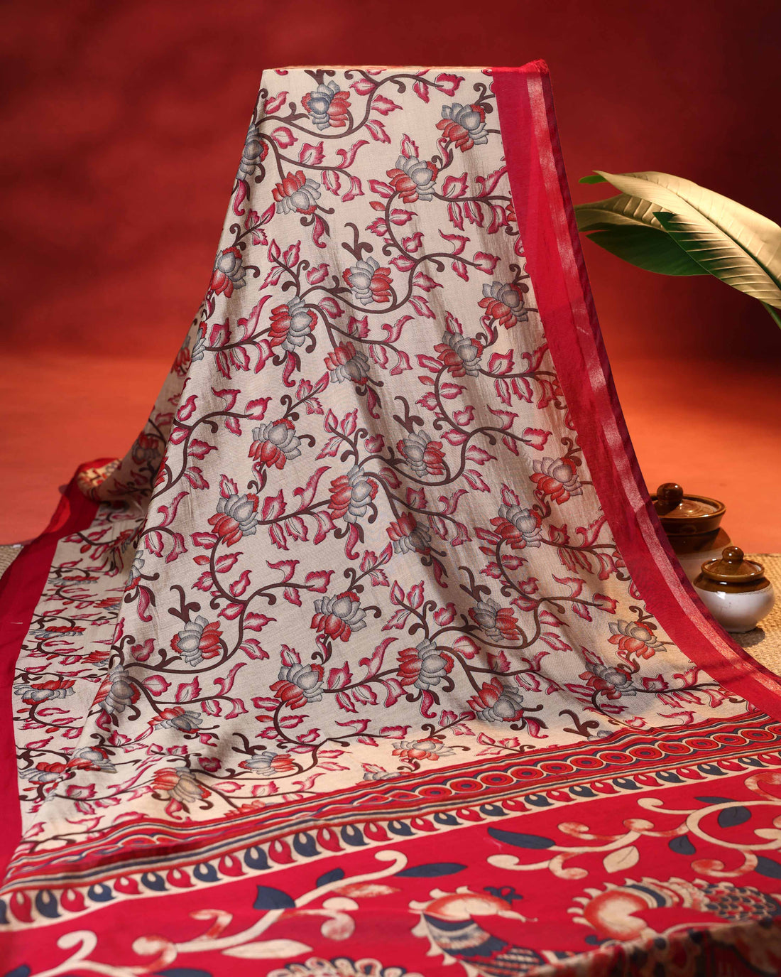 Elegant Semi Chanderi Saree with Floral Motifs Intricate Contrast Border - Cream