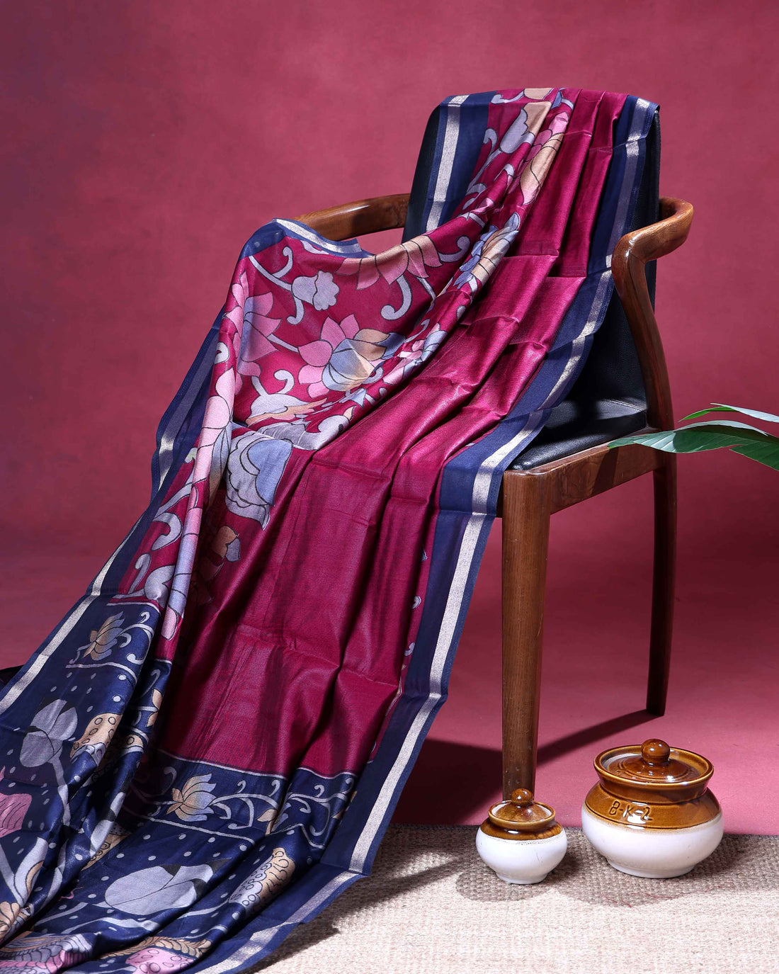 Elegant Semi Chanderi Saree with  Floral Motifs and A Plain Gold Woven Border - Maroon