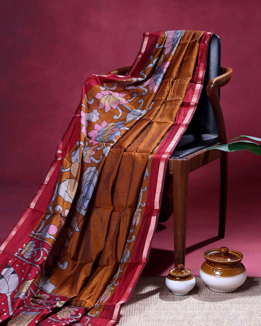 Elegant Semi Chanderi Saree with  Floral Motifs and A Plain Gold Woven Border - Mustard