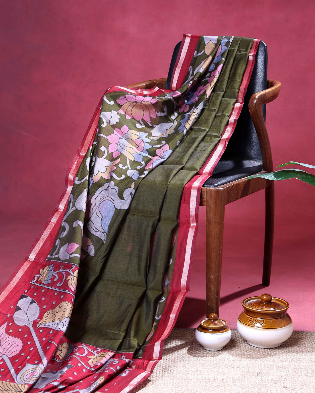 Elegant Semi Chanderi Saree with  Floral Motifs and A Plain Gold Woven Border - Olive