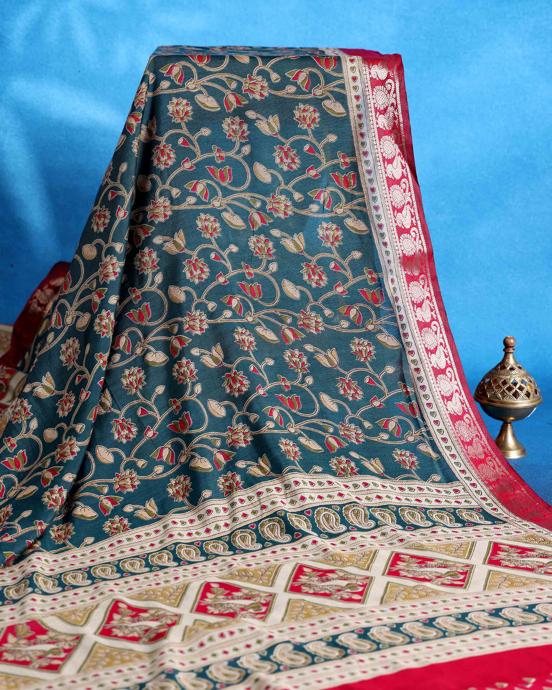 Elegant Semi Chanderi Saree with Floral Motifs and Traditional Contrast Woven Border - Dark Green