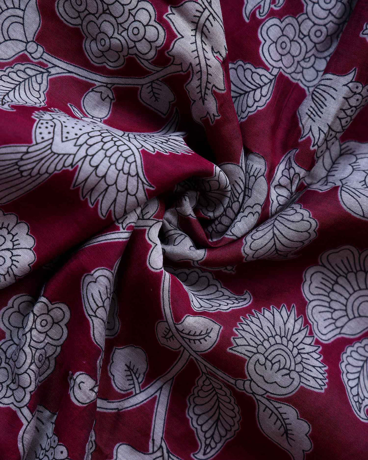 Elegant Semi Chanderi Saree with Floral and Bird Motifs & Traditional Woven Border - Maroon-Close Up
