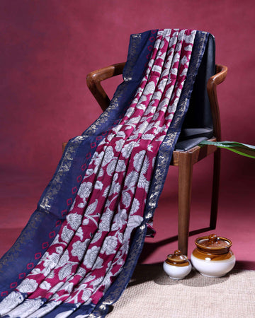 Elegant Semi Chanderi Saree with Floral and Bird Motifs & Traditional Woven Border - Maroon
