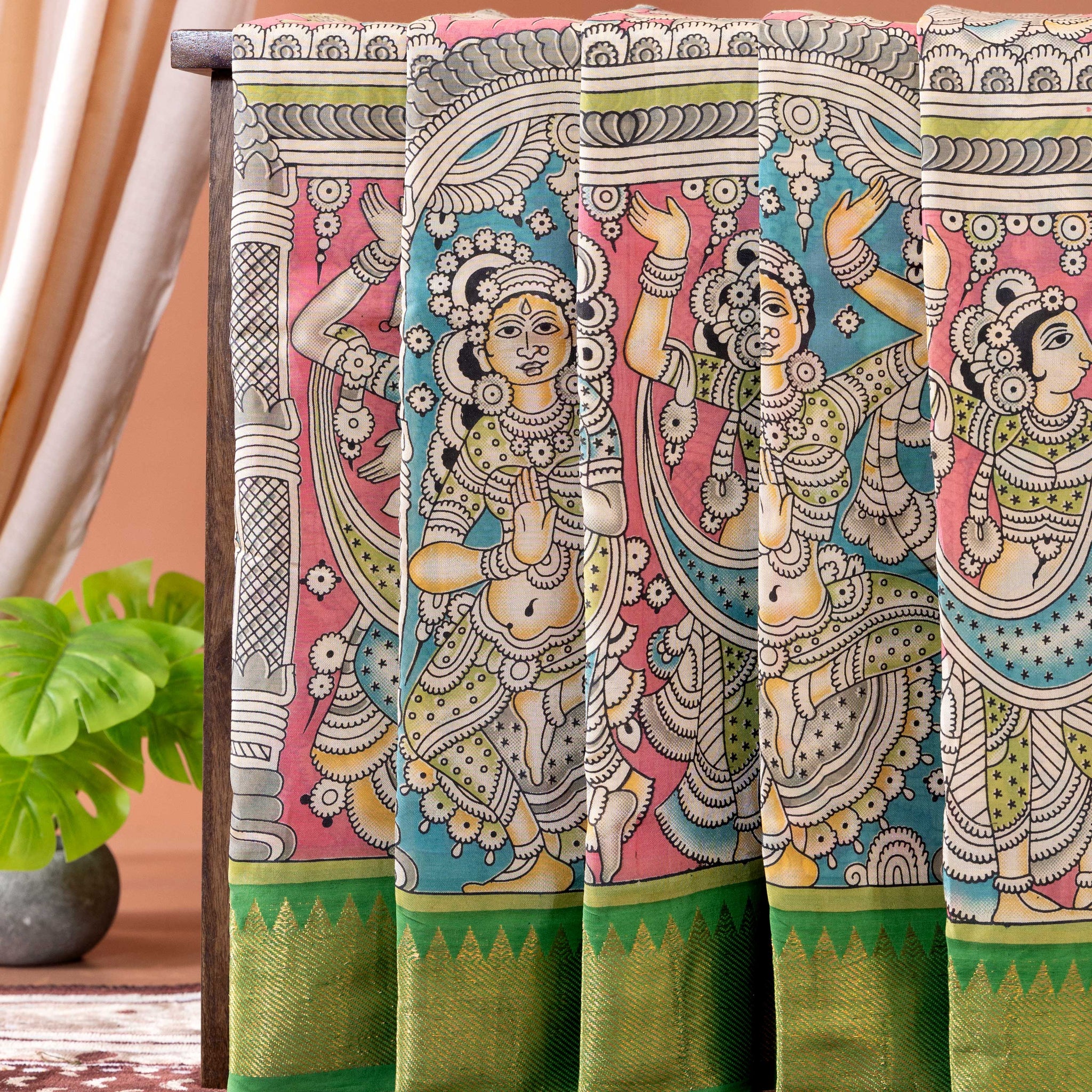 Elegant Semi Chanderi Saree with Hand Painted Kalamkari Art and Zari Border - Pink