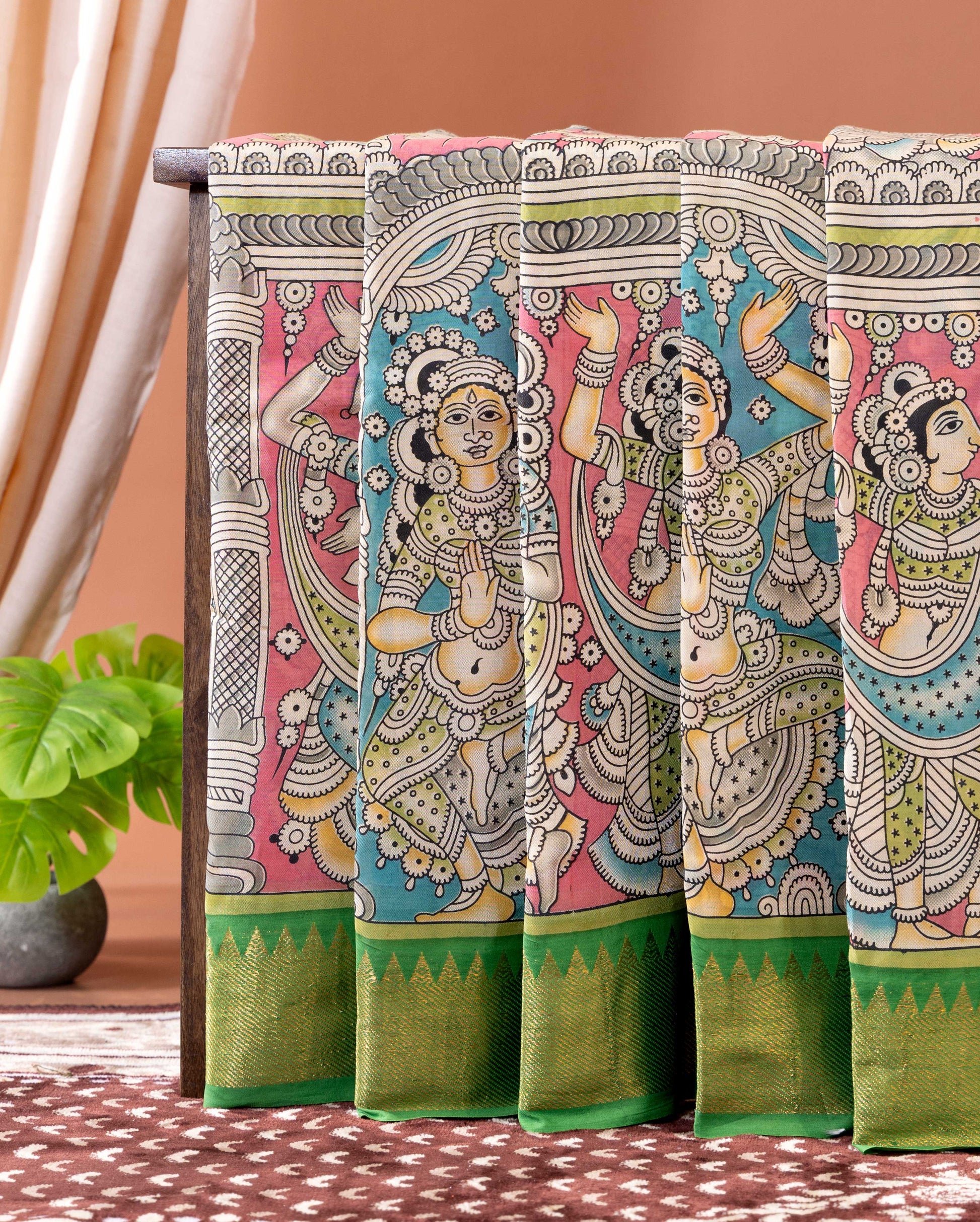 Elegant Semi Chanderi Saree with Hand Painted Kalamkari Art and Zari Border - Pink