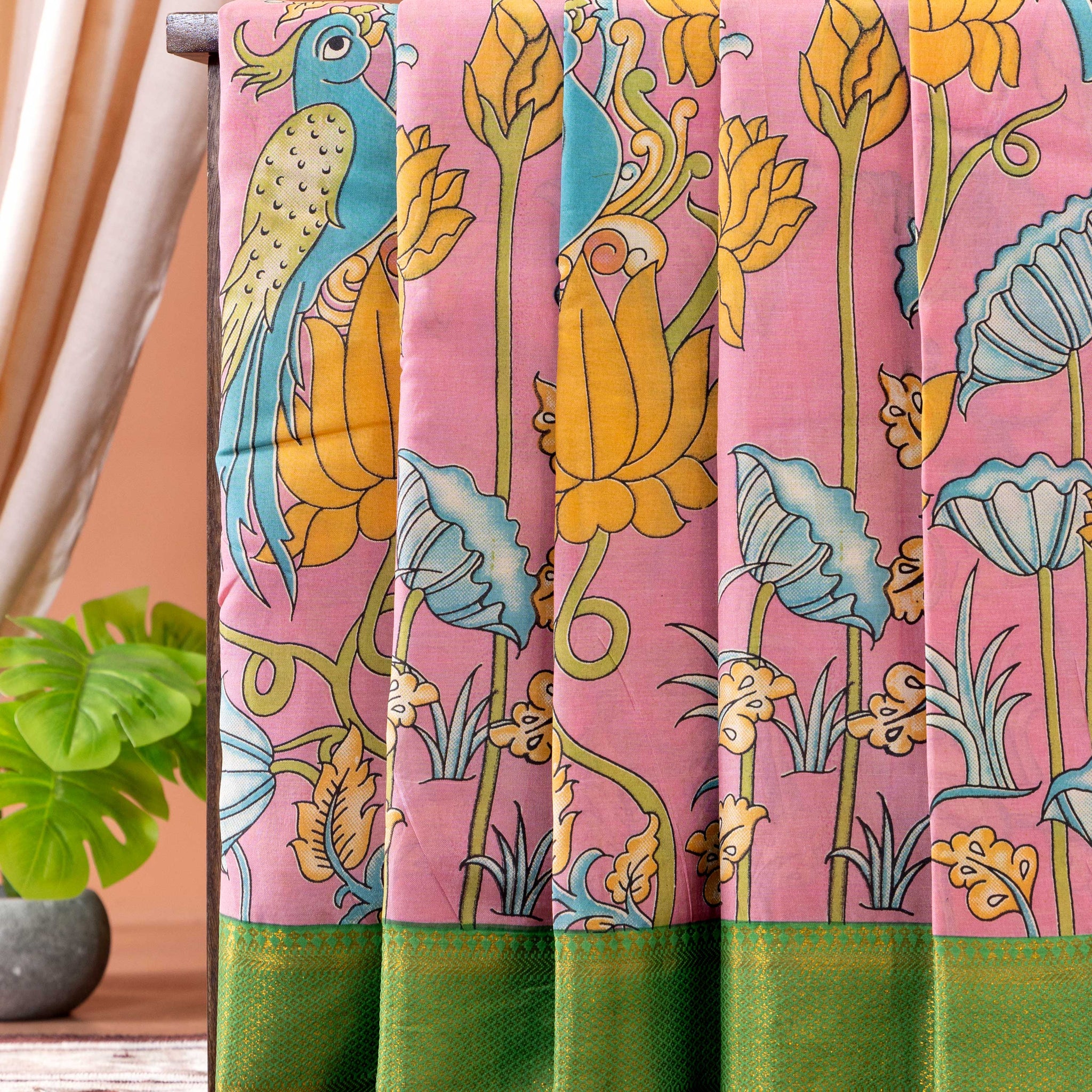 Elegant Semi Chanderi Saree with Hand Painted Kalamkari Bird and Lotus Motif - Pink