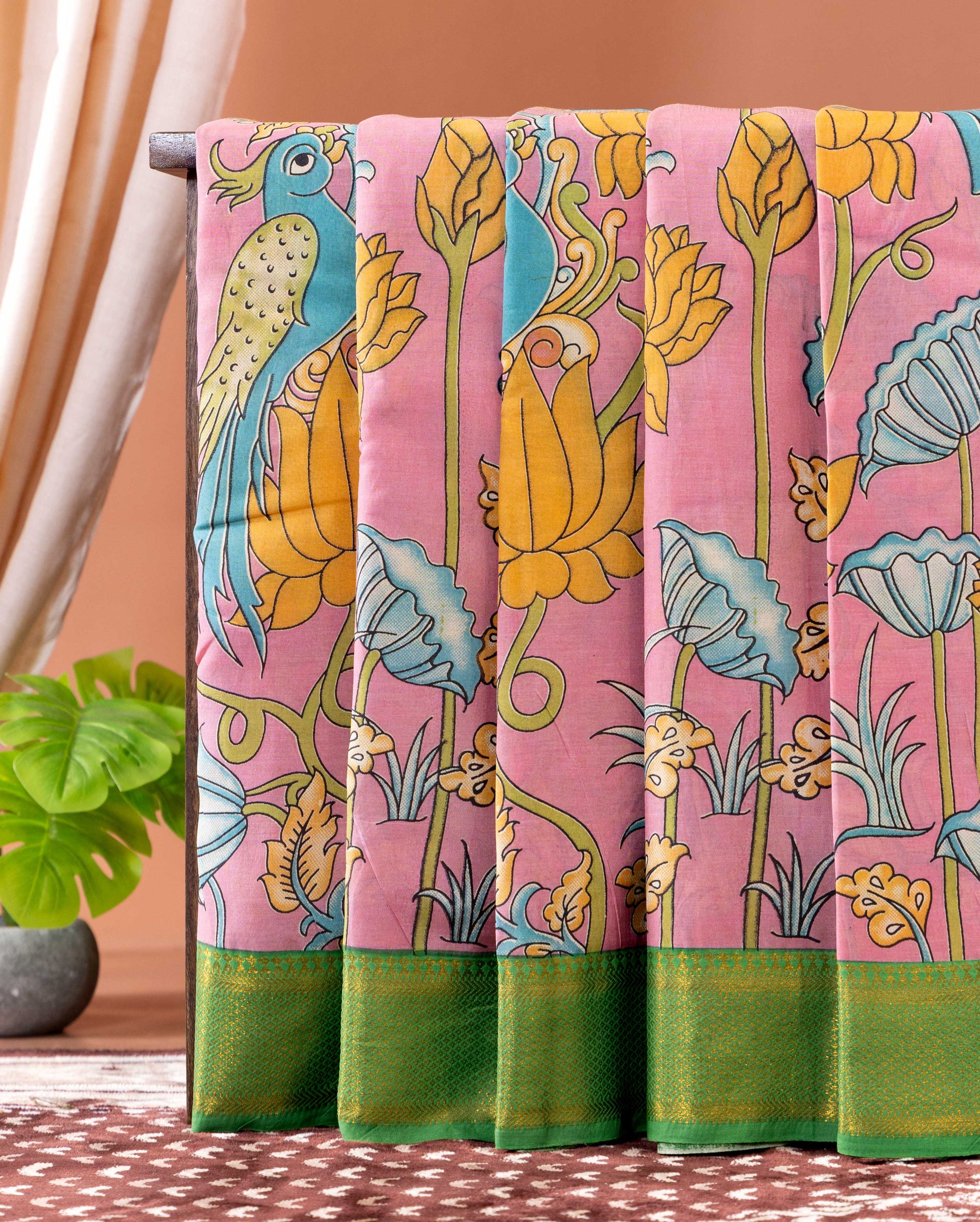 Elegant Semi Chanderi Saree with Hand Painted Kalamkari Bird and Lotus Motif - Pink