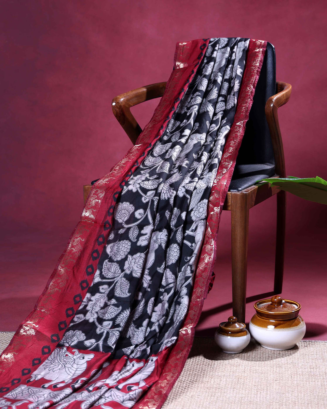 Elegant Semi Chanderi Saree with Handcrafted Floral and Bird Motifs & Traditional Woven Border - Black
