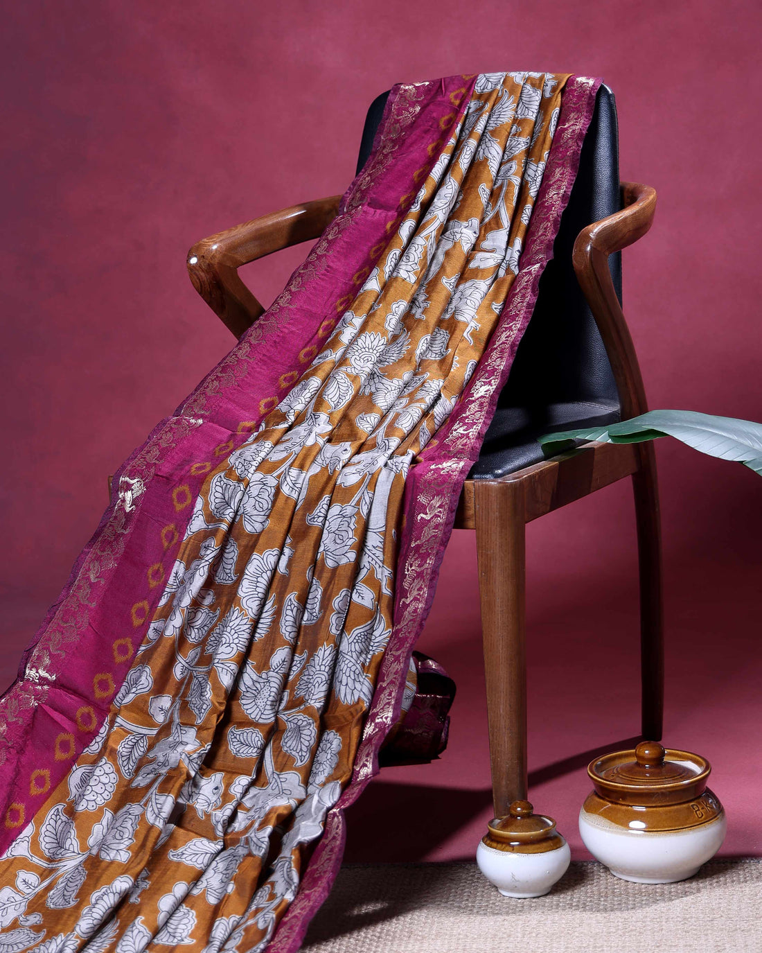 Elegant Semi Chanderi Saree with Handcrafted Floral and Bird Motifs & Traditional Woven Border - Mustard