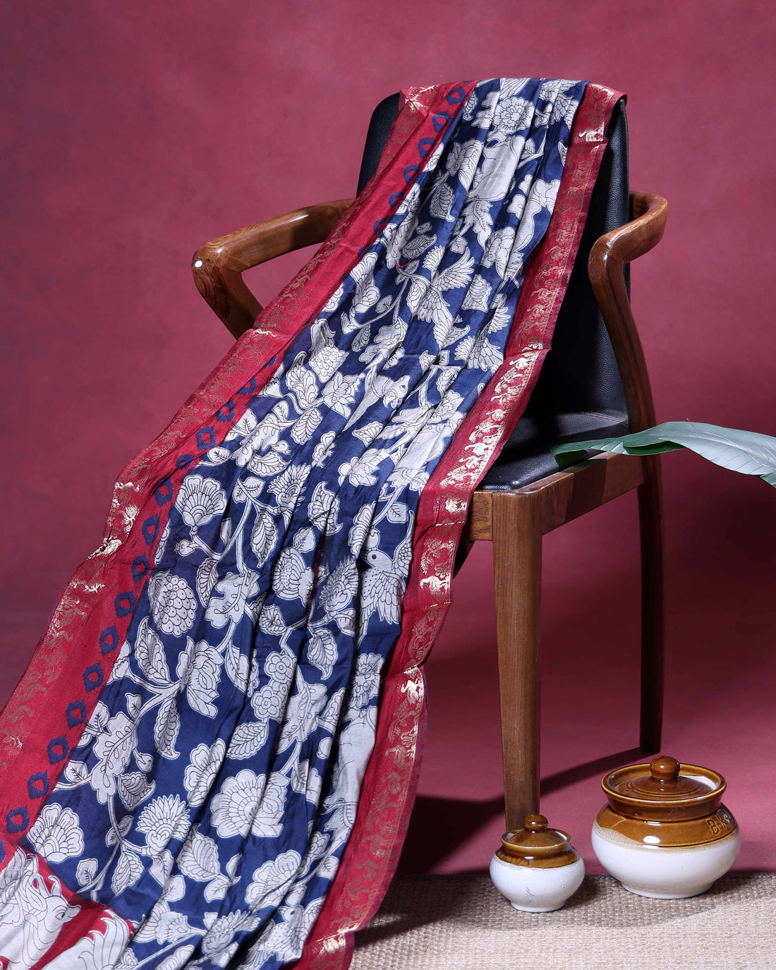 Elegant Semi Chanderi Saree with Handcrafted Floral and Bird Motifs & Traditional Woven Border - Navy Blue