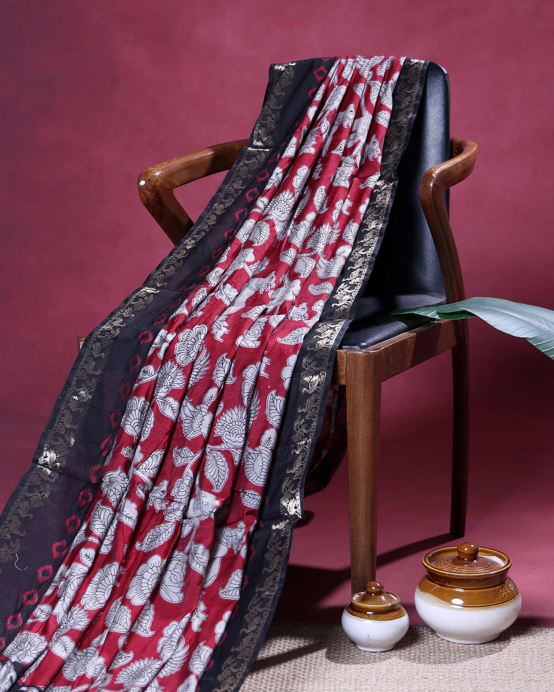Elegant Semi Chanderi Saree with Handcrafted Floral and Bird Motifs & Traditional Woven Border - Red