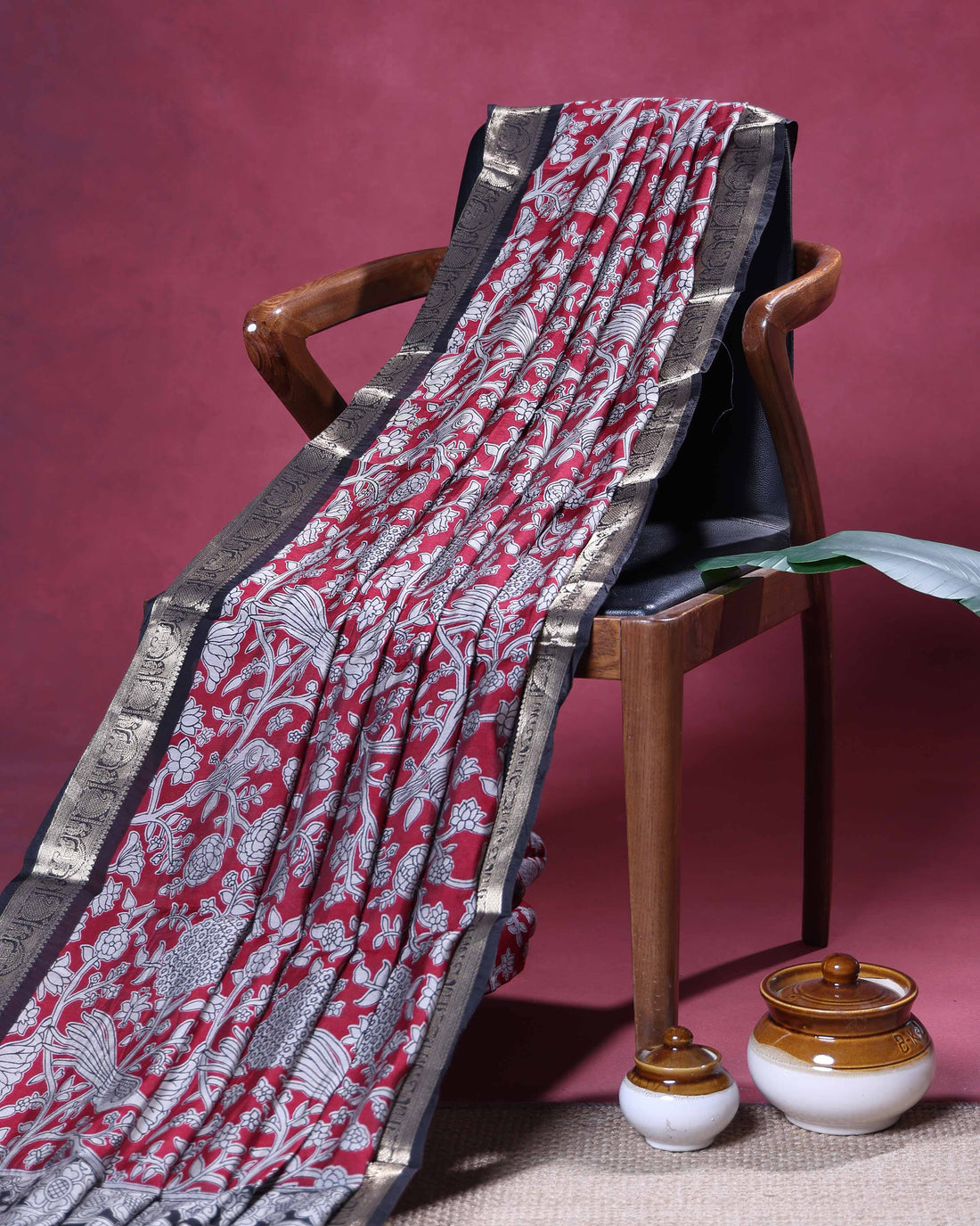 Elegant Semi Chanderi Saree with Intricate Floral & Bird Motifs and Traditional Zari Woven Border - Red