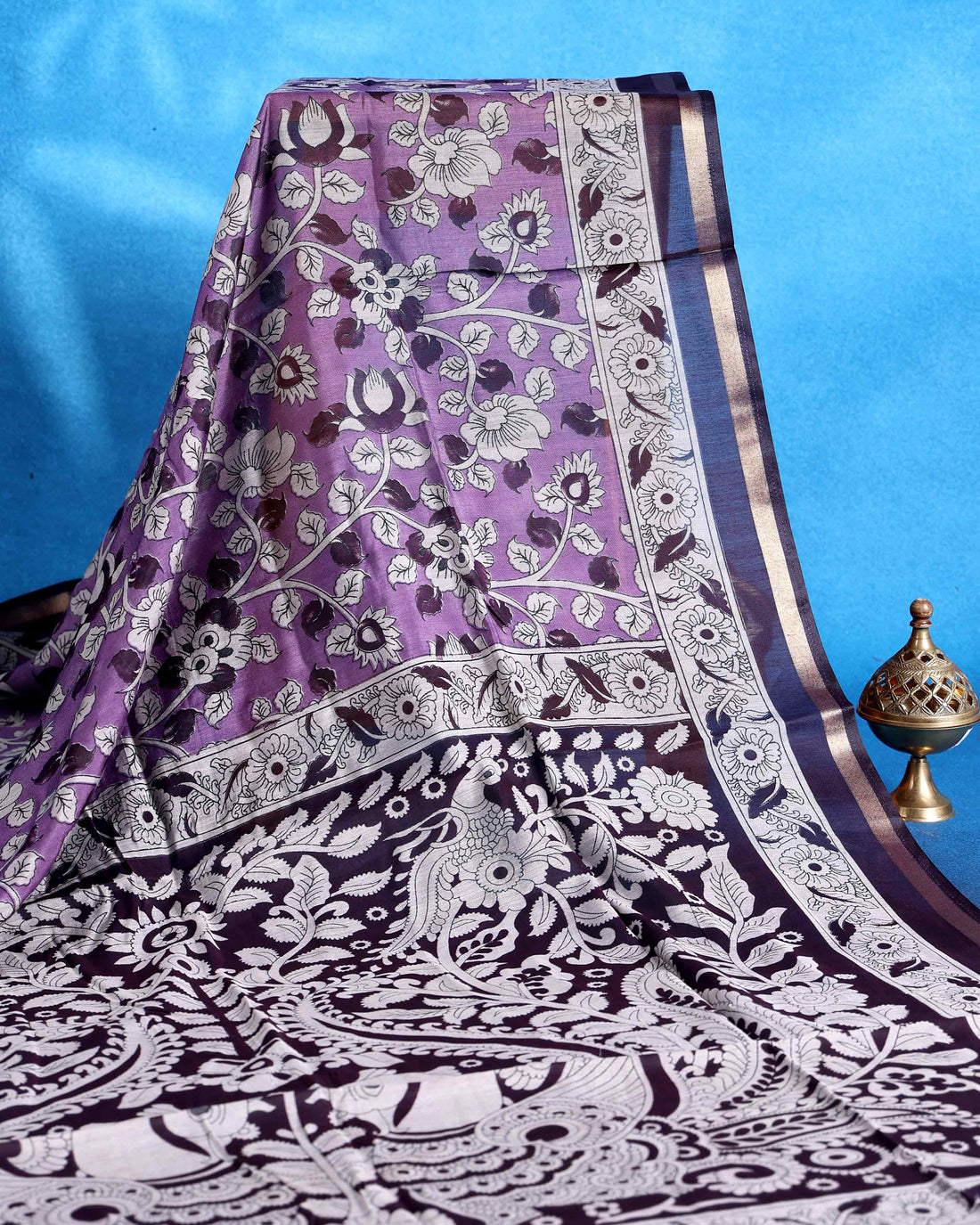 Elegant Semi Chanderi Saree with Intricate Floral and Peacock Motifs and Traditional Woven Border - Purple