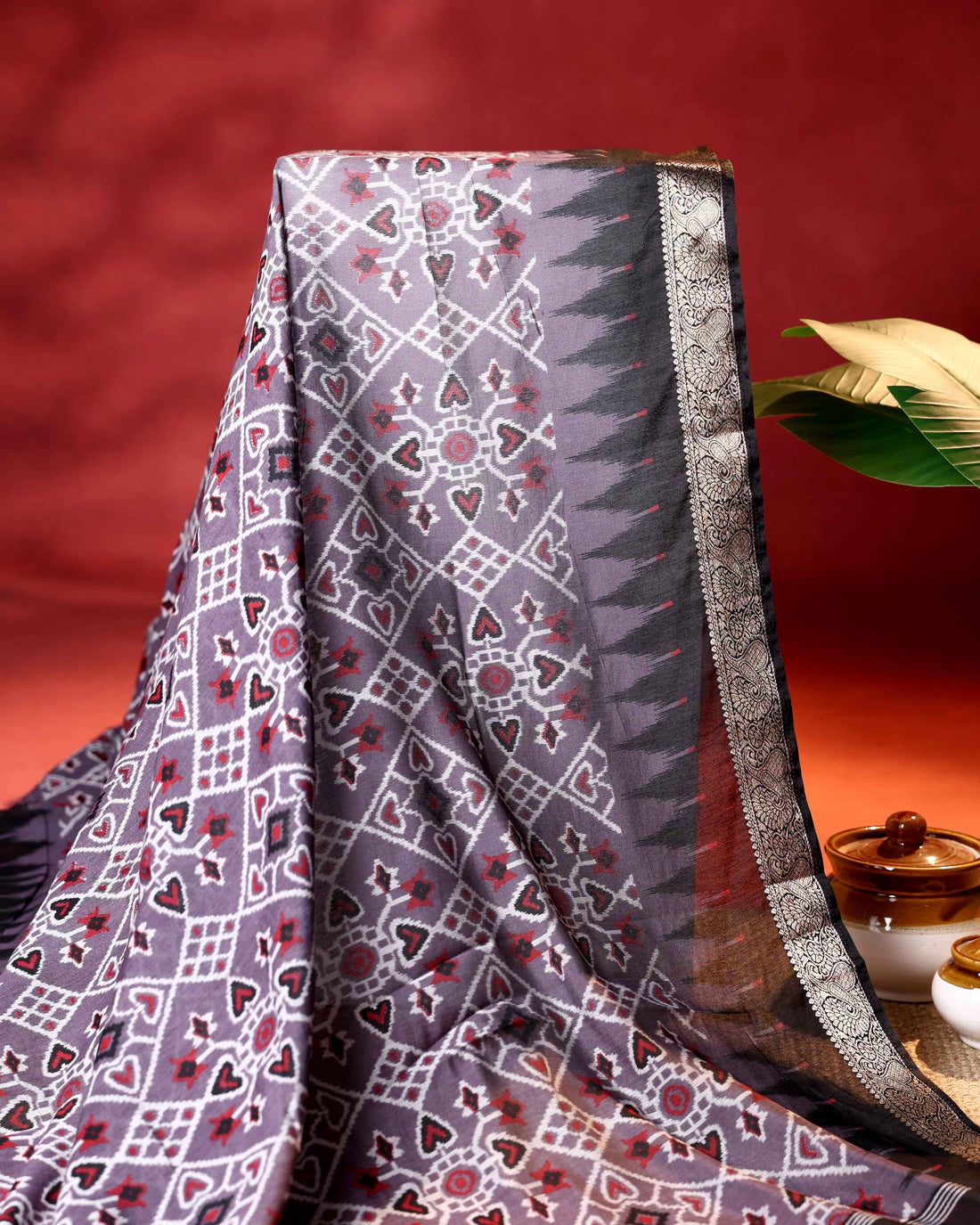 Elegant Semi Chanderi Saree with Intricate Geometric & Ikkat Inspired Motifs and Traditional Zari Border- Purple