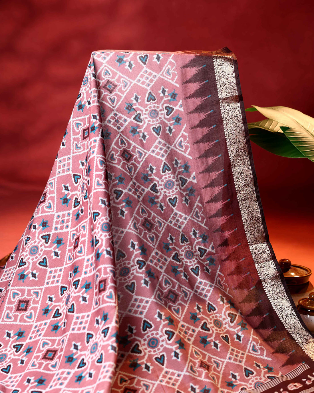 Elegant Semi Chanderi Saree with Intricate Geometric & Ikkat Inspired Motifs and Zari Border- Pink