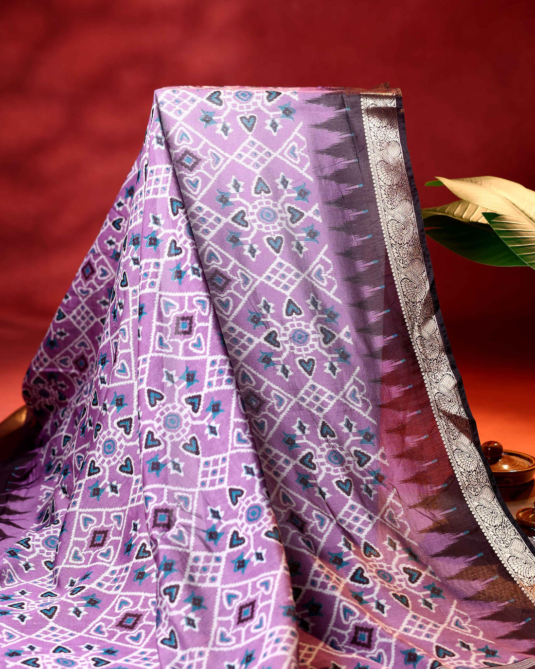Elegant Semi Chanderi Saree with Intricate Geometric Woven Motifs and Elegant Zari Border-Light Purple