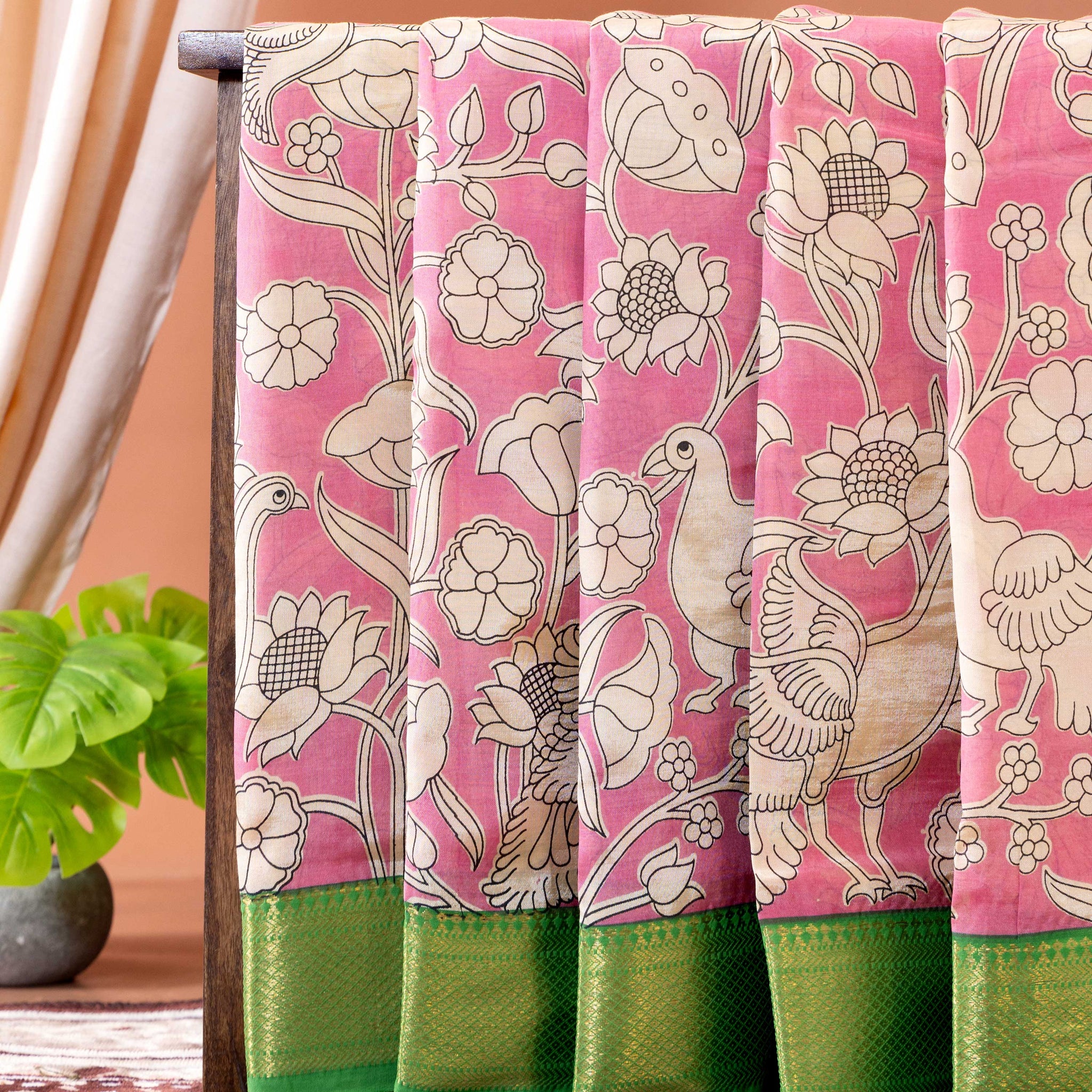 Elegant Semi Chanderi Saree with Kalamkari Inspired Floral and Peacock Print - Pink