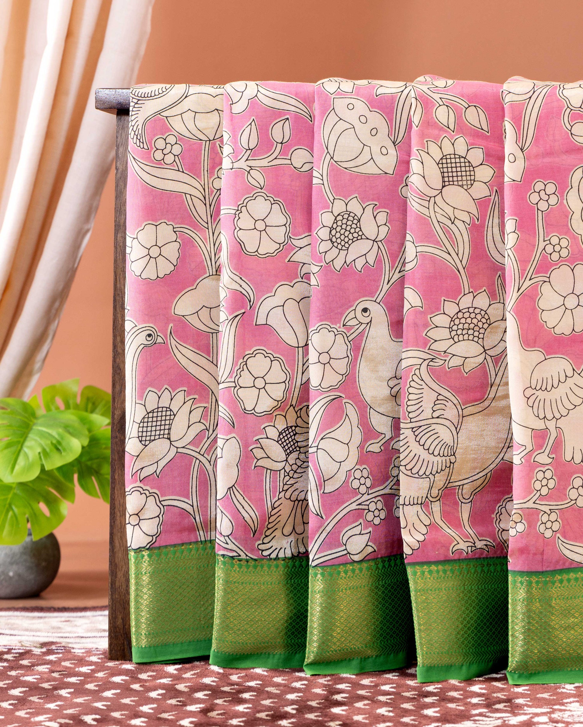 Elegant Semi Chanderi Saree with Kalamkari Inspired Floral and Peacock Print - Pink