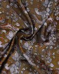 Elegant Semi Chanderi Saree with Kalamkari Inspired Motifs and A Plain Gold Woven Border - Olive-Close Up