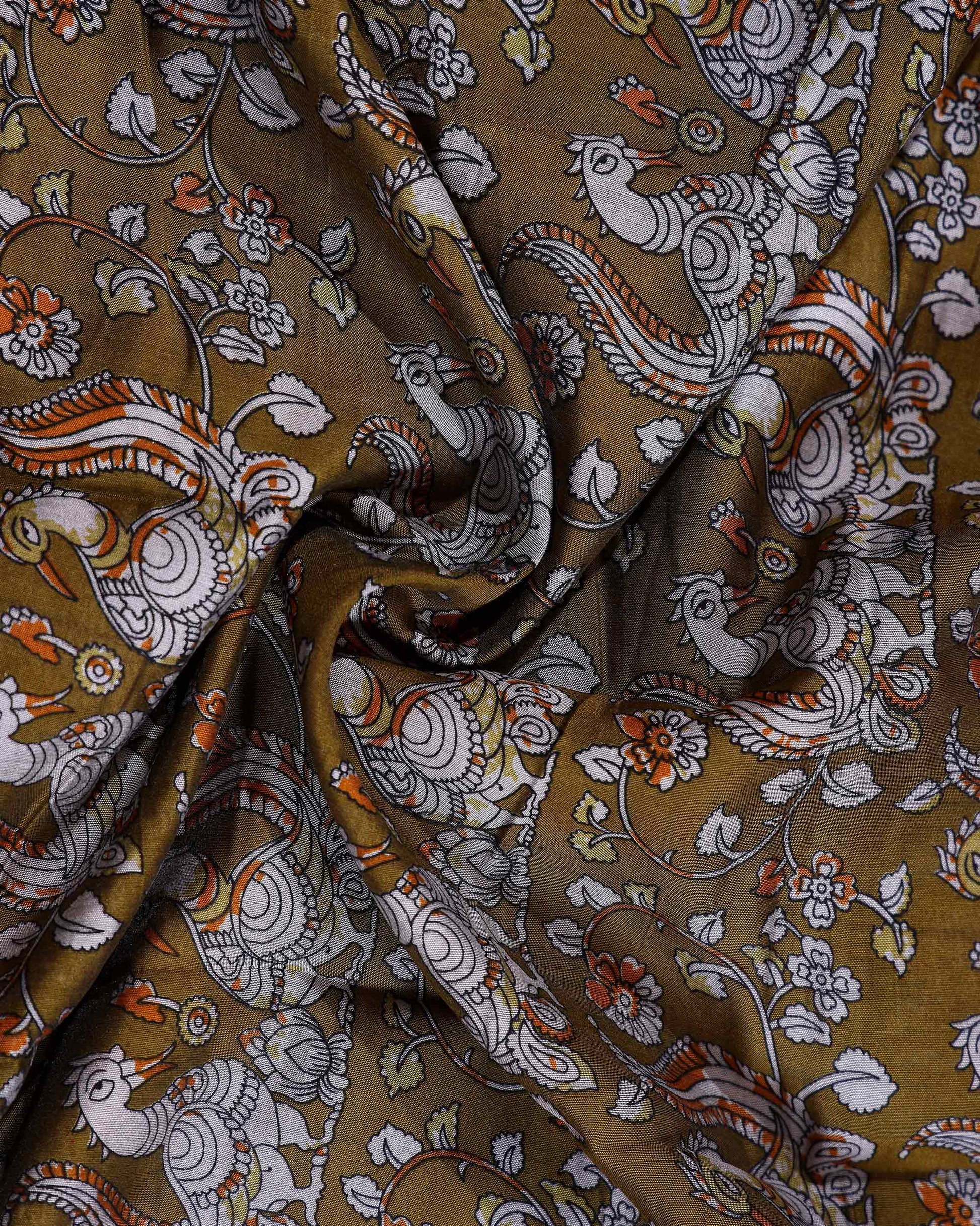 Elegant Semi Chanderi Saree with Kalamkari Inspired Motifs and A Plain Gold Woven Border - Olive-Close Up