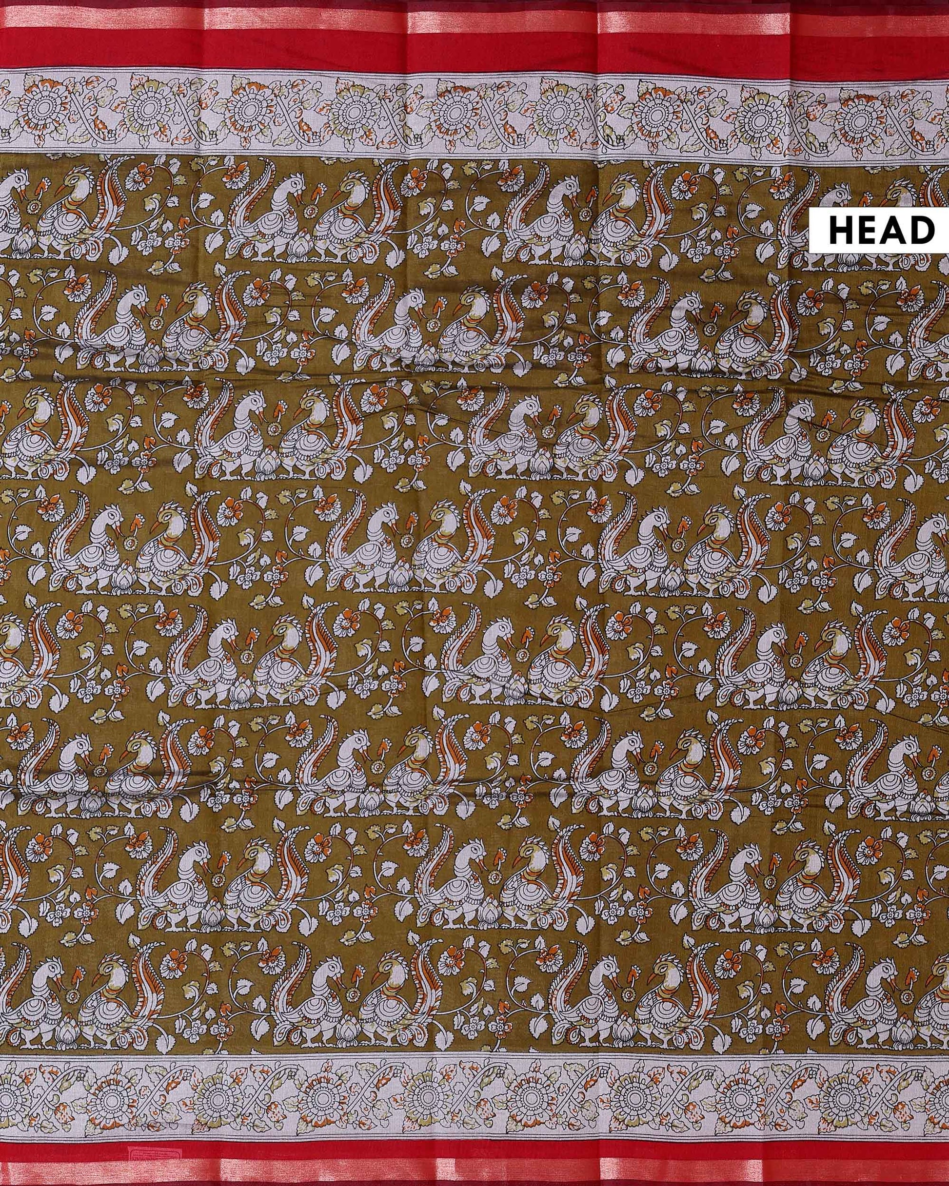 Elegant Semi Chanderi Saree with Kalamkari Inspired Motifs and A Plain Gold Woven Border - Olive-Head
