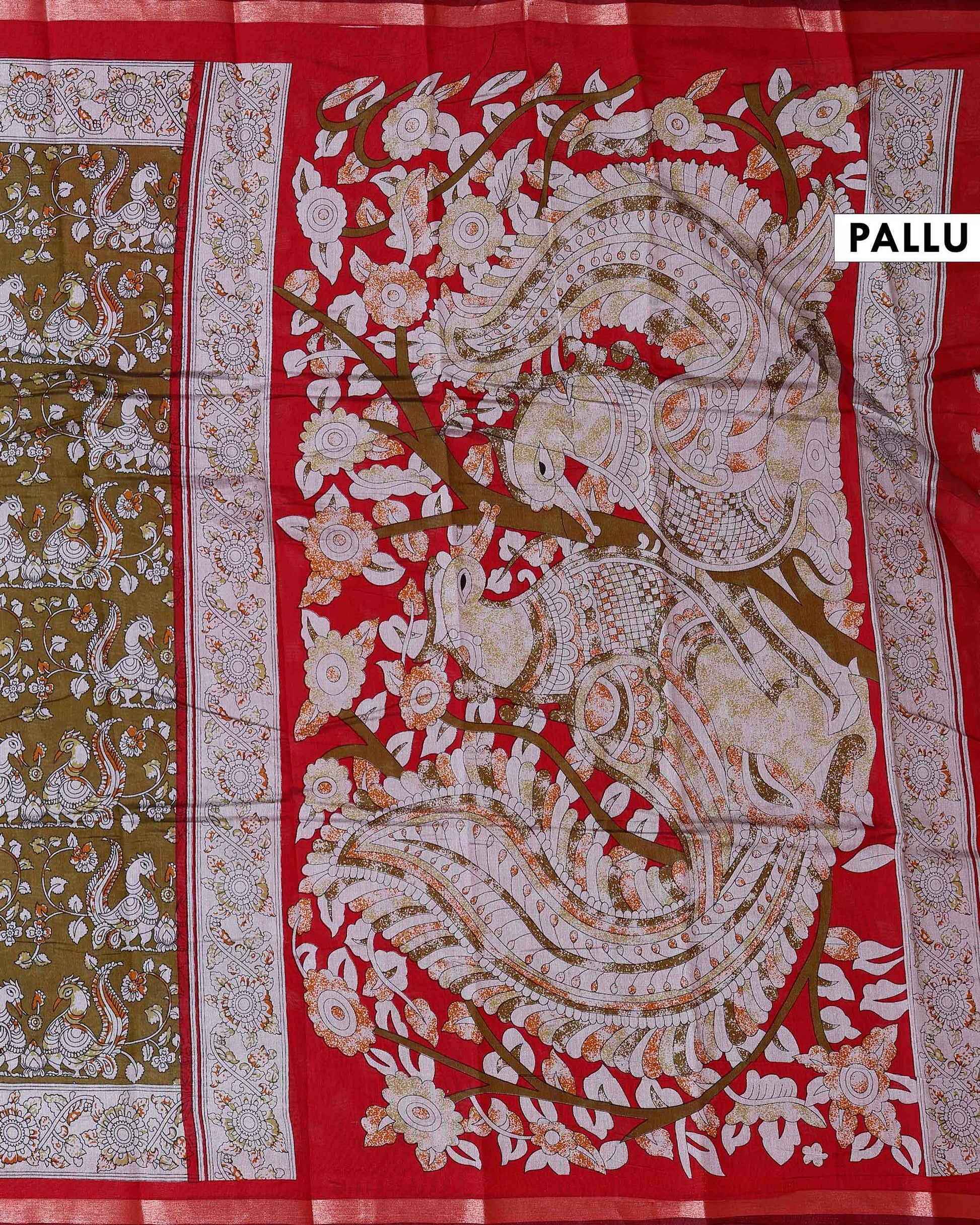 Elegant Semi Chanderi Saree with Kalamkari Inspired Motifs and A Plain Gold Woven Border - Red-Pallu