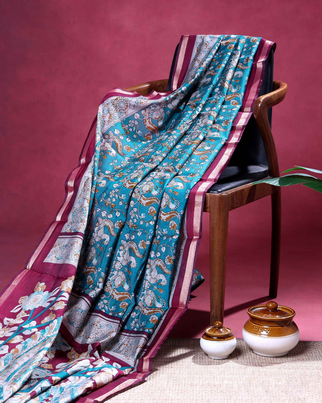 Elegant Semi Chanderi Saree with Kalamkari Inspired Motifs and Plain Gold Woven Border - Turquoise