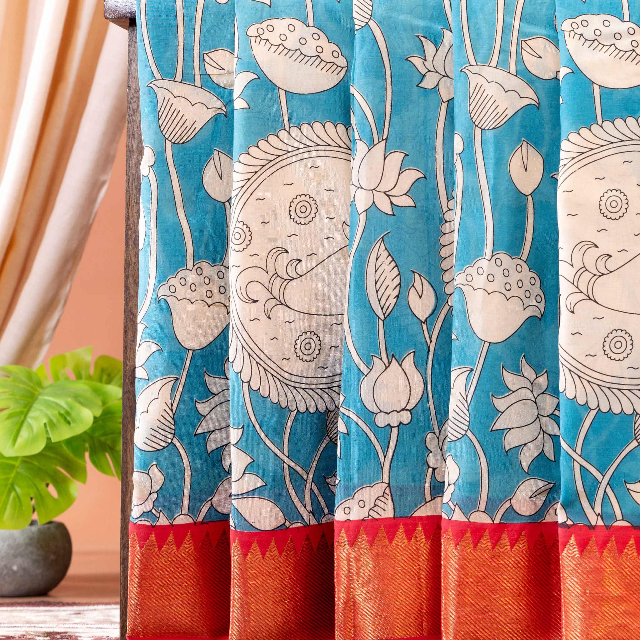 Elegant Semi Chanderi Saree with Kalamkari Print and Contrasting Border - Blue