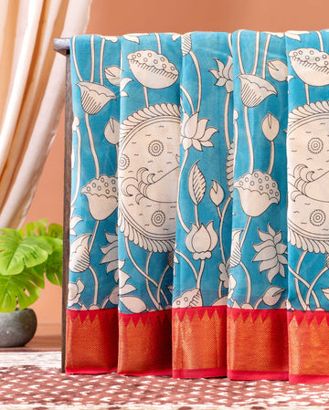Elegant Semi Chanderi Saree with Kalamkari Print and Contrasting Border - Blue