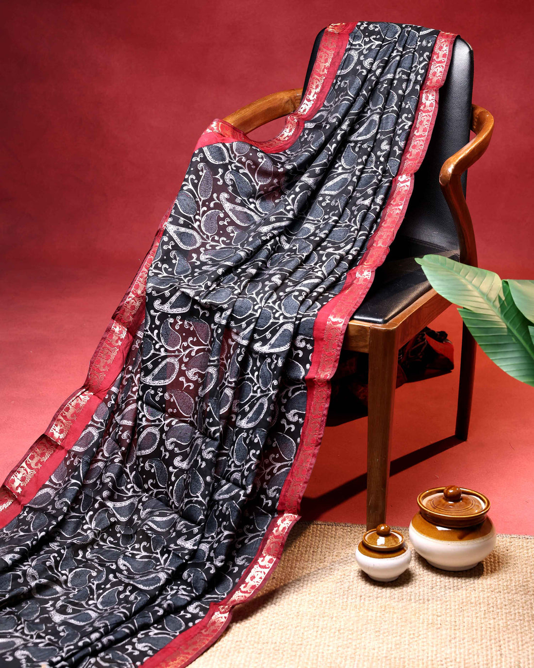 Elegant Semi Chanderi Saree with Paisley Inspired Print and Contrast Zari Border - Black