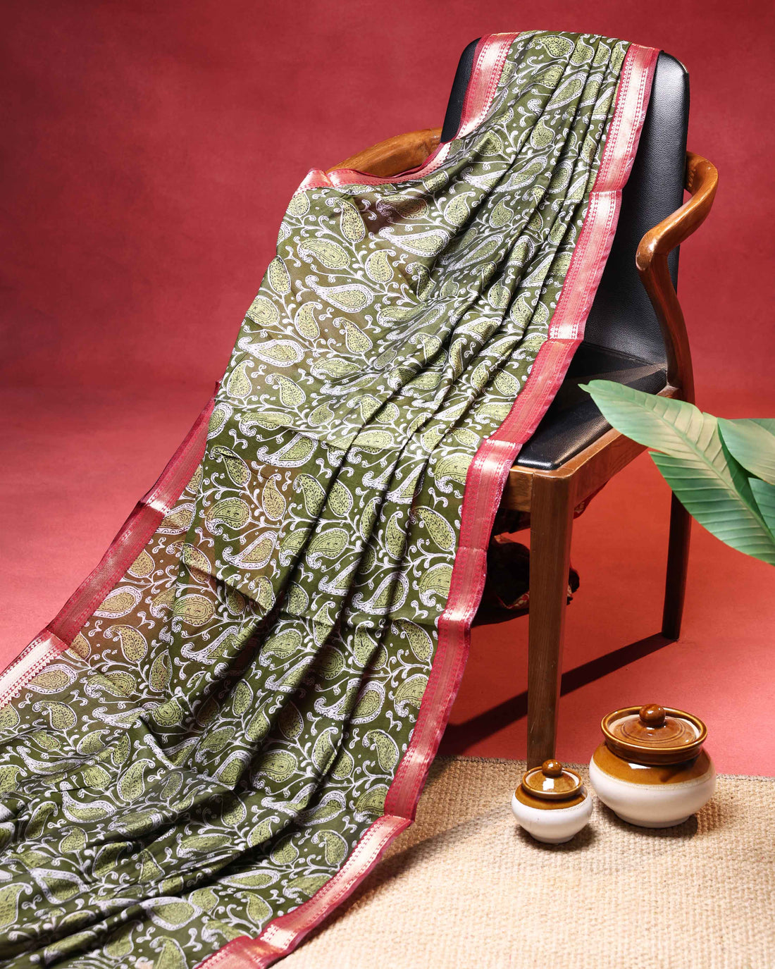 Elegant Semi Chanderi Saree with Paisley Inspired Print and Contrast Zari Border - Green